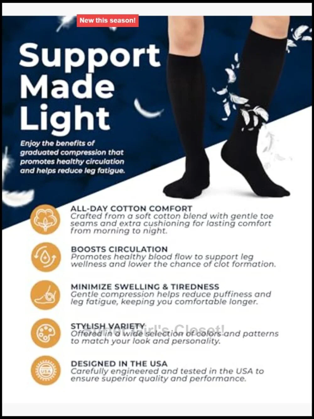 Cotton Light Compression Socks for Men & Women - 3 Pairs, 8-15 mmHg, Knee-High,